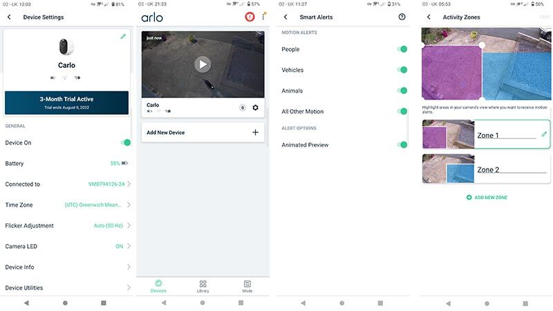 Captures d'écran de l'application Arlo