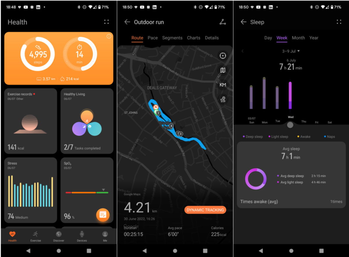 Captures d'écran de l'application Huawei Health pour Android, affichant les données d'analyse de la course, du compteur de pas et du sommeil