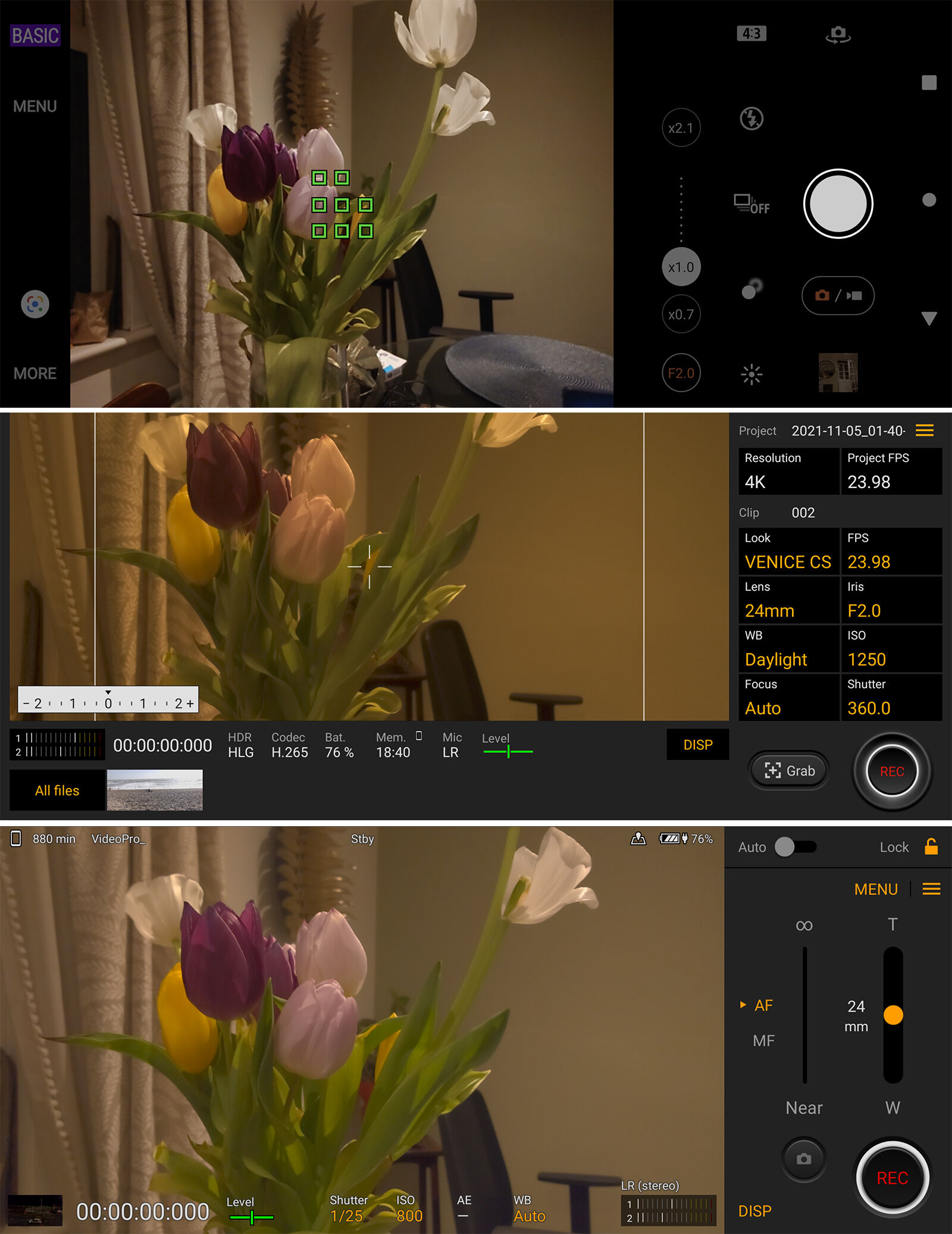 Interfaces utilisateur de l'application appareil photo Sony Xperia Pro I